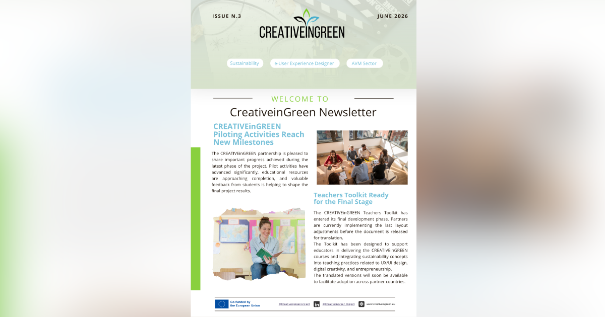Cover page of CreativeinGREEN Newsletter with a group discussion photo and a student reading.