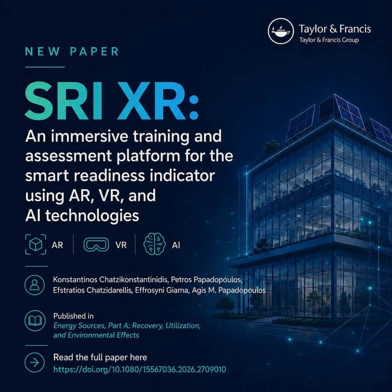 Poster advertising SRI XR an immersive training platform by Taylor  Francis with AR VR and AI icons beside a glass building at night