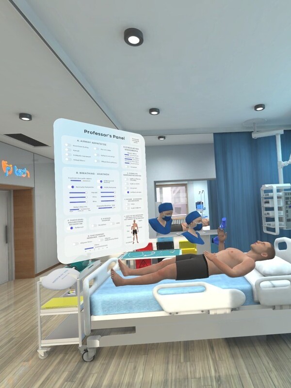 Patient lies on a hospital bed as two medical staff in blue scrubs and masks study a large floating panel labeled 'Professor's Panel' in a modern clinic room.