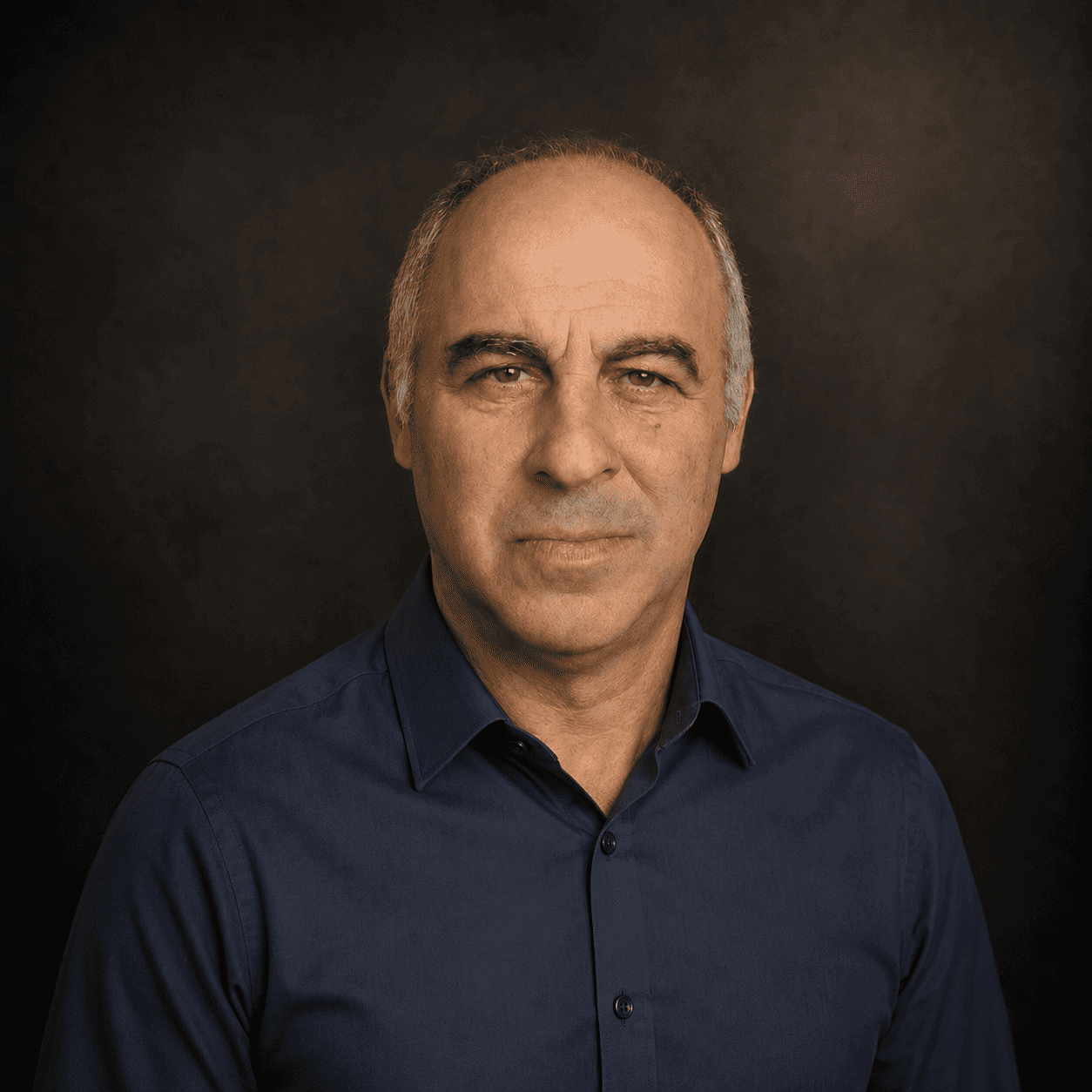 Portrait of a middle-aged man with short gray hair, wearing a dark blue button-down shirt, facing the camera against a dark, textured background.