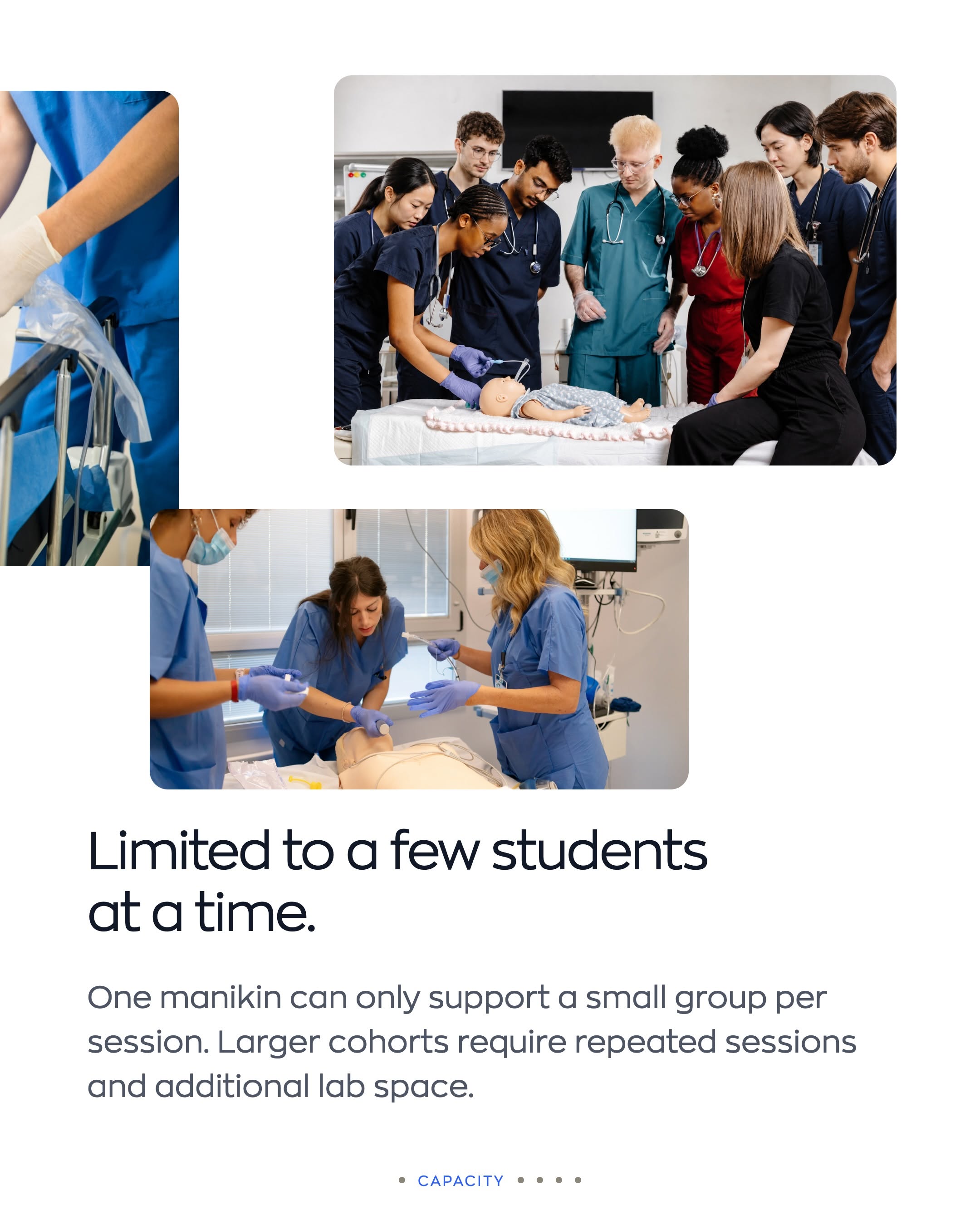 Medical students in scrubs gather around a pediatric mannequin during a simulation training exercise in a lab