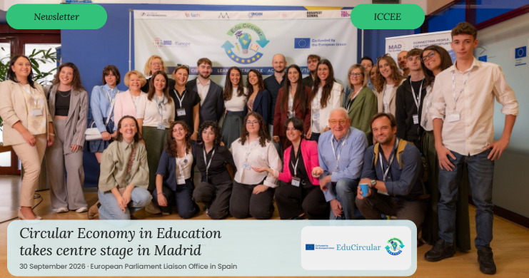 Group of diverse participants posing for a photo at the Circular Economy in Education event in Madrid 30 Sept 2026 with an EduCircular banner in the background